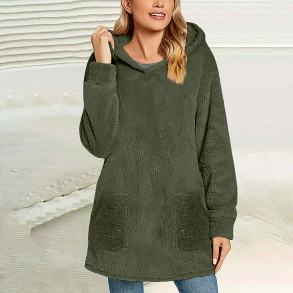Karight Womens Fall Fashion Fuzzy Fleece Sweatshirt Long Sleeve Loose Sweatshirts Solid Color Winter Warm Pullover Pocket
