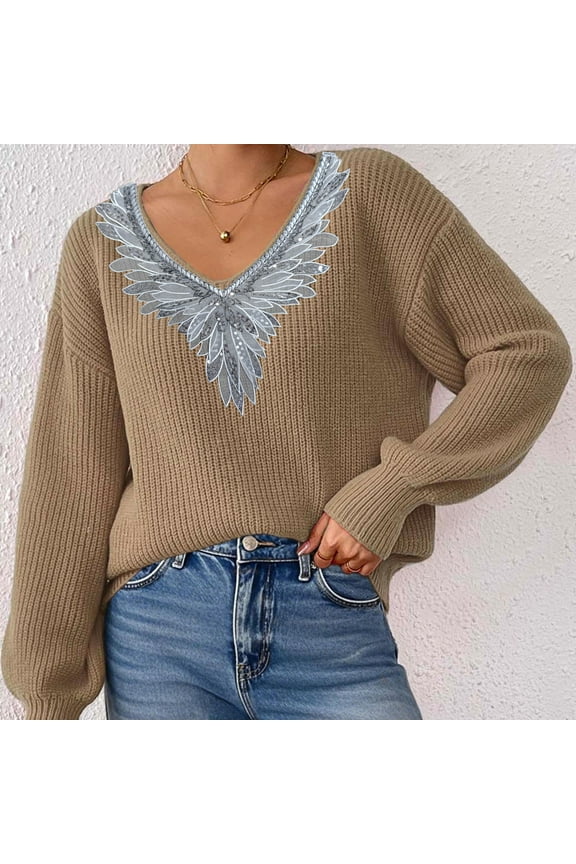 Womens Fall Warm Pullover Casual Loose Knit Sweater Lace Block V Neck Solid Top Long Sleeve Soft Fashion Sweaters