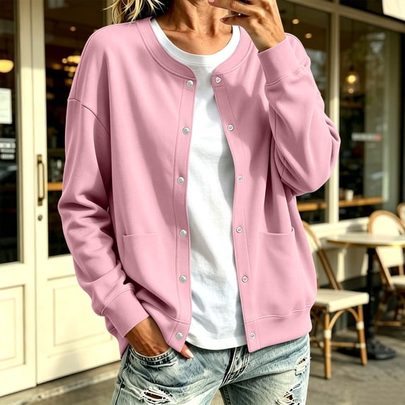 Karight Womens Fleece Snap Front Cardigan, Soft Lightweight Sweatshirt for Women, Baseball Jacket with Pockets