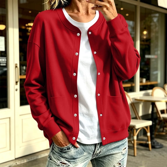 Karight Womens Fleece Snap Front Cardigan, Soft Lightweight Sweatshirt for Women, Baseball Jacket with Pockets