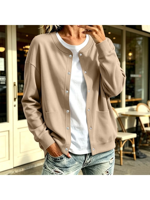 Womens Fleece Snap Front Cardigan, Soft Lightweight Sweatshirt for Women, Baseball Jacket with Pockets