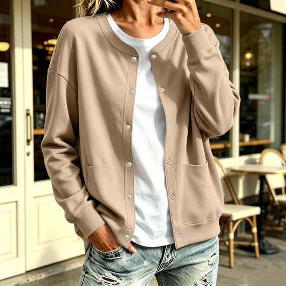 Karight Womens Fleece Snap Front Cardigan, Soft Lightweight Sweatshirt for Women, Baseball Jacket with Pockets
