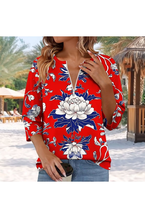 Womens Floral Print 3/4 Sleeve T Shirt Half Zip V Neck Casual Top with Rose Daisy Print