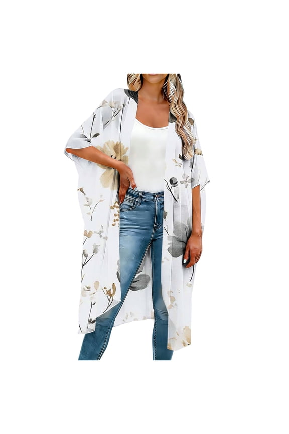 Womens Floral Print Kimono Cardigan Long Open Front Flowy Boho Beach Cover Up Duster
