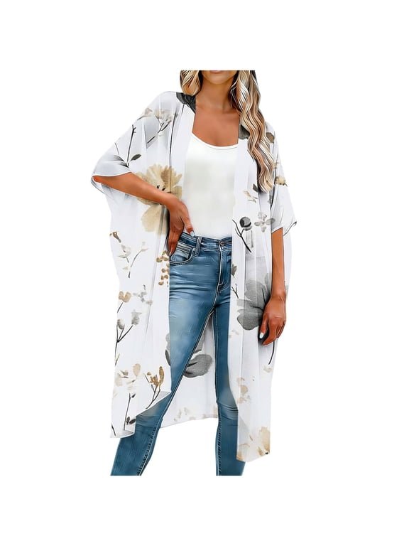 Womens Floral Print Kimono Cardigan Long Open Front Flowy Boho Beach Cover Up Duster