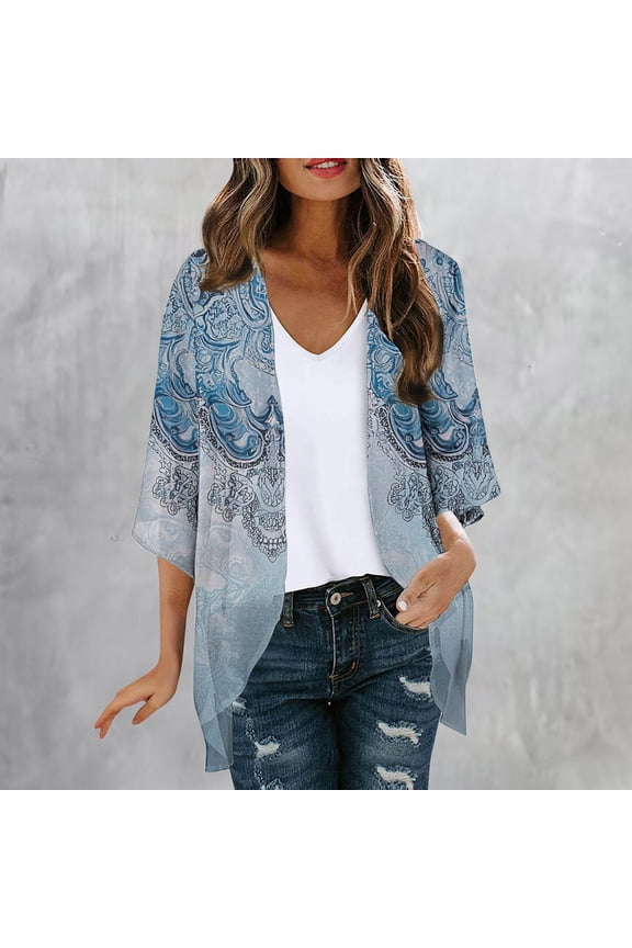 Womens Floral Print Open Front Kimono Cardigan 3/4 Sleeve Lightweight Chiffon Boho Cover Up