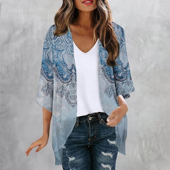 Karight Womens Floral Print Open Front Kimono Cardigan 3/4 Sleeve Lightweight Chiffon Boho Cover Up