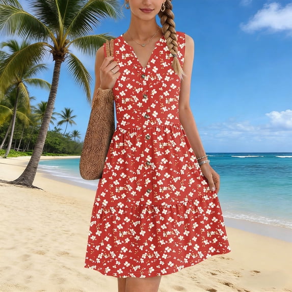 Karight Womens Floral Print Sleeveless Dress V Neck Button Front Tiered Ruffle Casual Summer Sundress