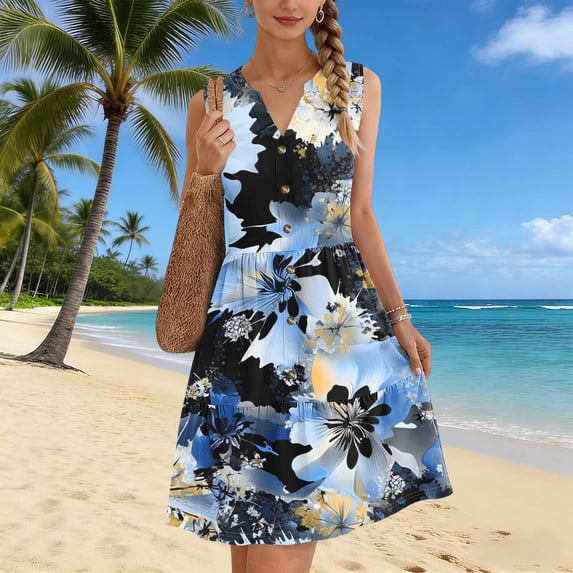 Karight Womens Floral Print Sleeveless Dress V Neck Button Front Tiered Ruffle Casual Summer Sundress
