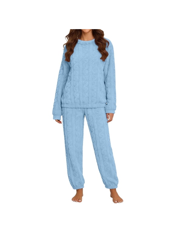 Womens Fluffy Fleece Pajama Set Long Sleeve Round Neck Plush Fuzzy Soft Warm Winter Sleepwear 2 Pcs Lounge Sets
