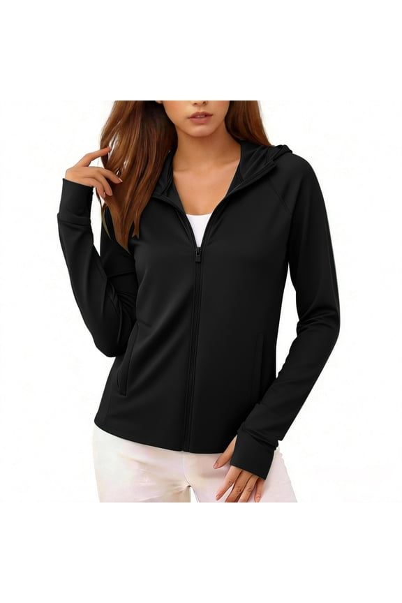 Womens Full Zip Hooded Workout Jacket Long Sleeve Thumb Holes Pockets UPF 50+ Running Yoga Athletic Top