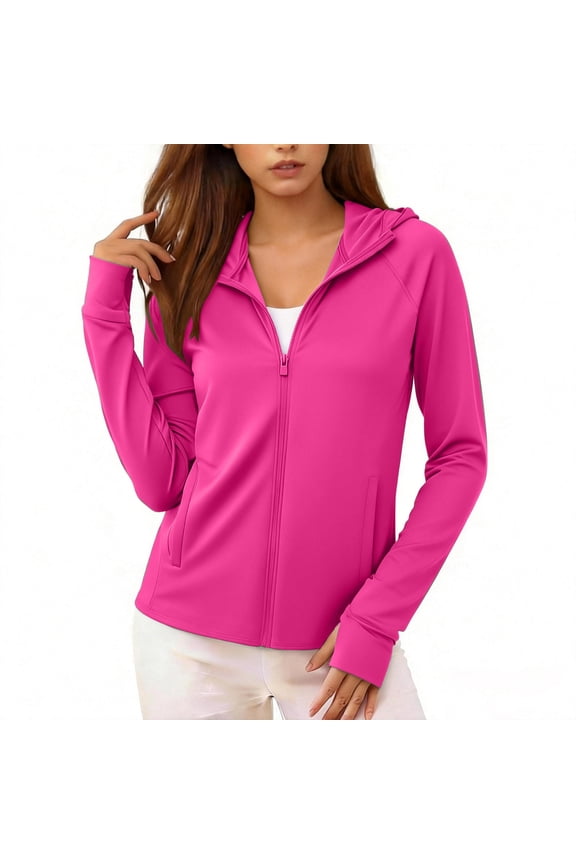 Womens Full Zip Hooded Workout Jacket Long Sleeve Thumb Holes Pockets UPF 50+ Running Yoga Athletic Top