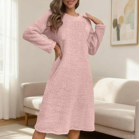 Karight Womens Fuzzy Fleece Sweatshirt Dress Sherpa Lined Long Hooded Sweatshirt Robe Oversized Nightgowns Pullover Lounger