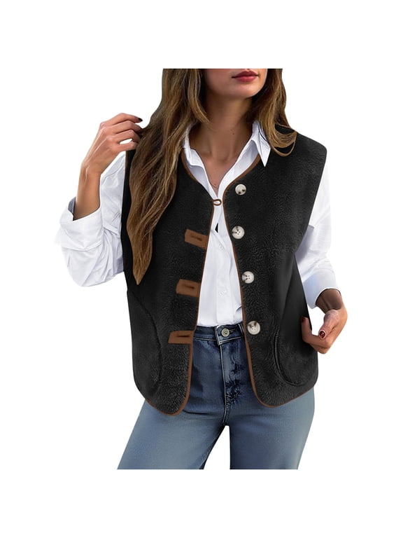 Womens Fuzzy Fleece Vest Sleeveless Button Down Fall Sherpa Jacket Winter Warm Old Money Outerwear with Pockets