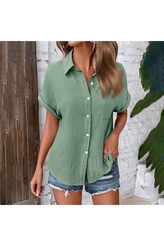 Womens Gauze Shirts Button Down Dress Shirts Casual Short Sleeve Textured Collared Summer Work Blouse Camping Clothes