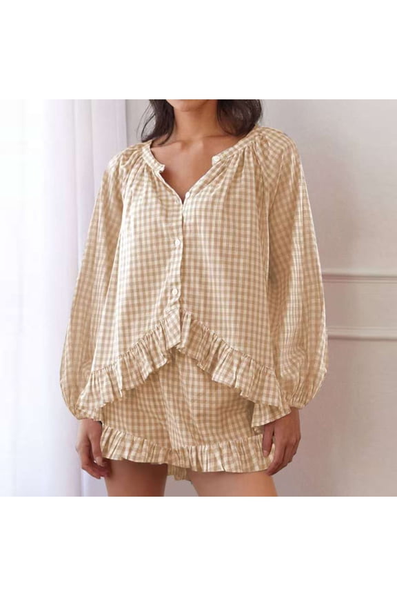 Womens Gingham Check Two Piece Outfit Long Sleeve Ruffled Hem Button Down Blouse and Ruffled Shorts Set Casual Loungewear