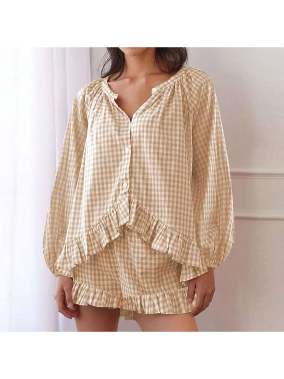 Womens Gingham Check Two Piece Outfit Long Sleeve Ruffled Hem Button Down Blouse and Ruffled Shorts Set Casual Loungewear