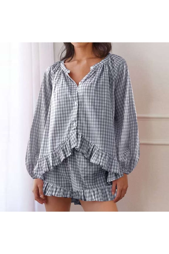 Womens Gingham Check Two Piece Outfit Long Sleeve Ruffled Hem Button Down Blouse and Ruffled Shorts Set Casual Loungewear