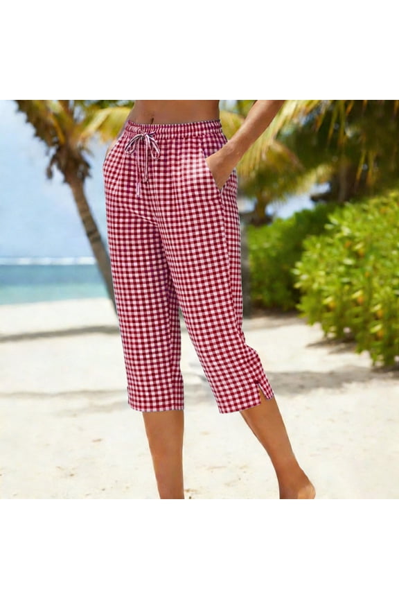 Womens Gingham Print Capri Pants Elastic Waist Drawstring Casual Capris with Side Pockets and Slit Hem