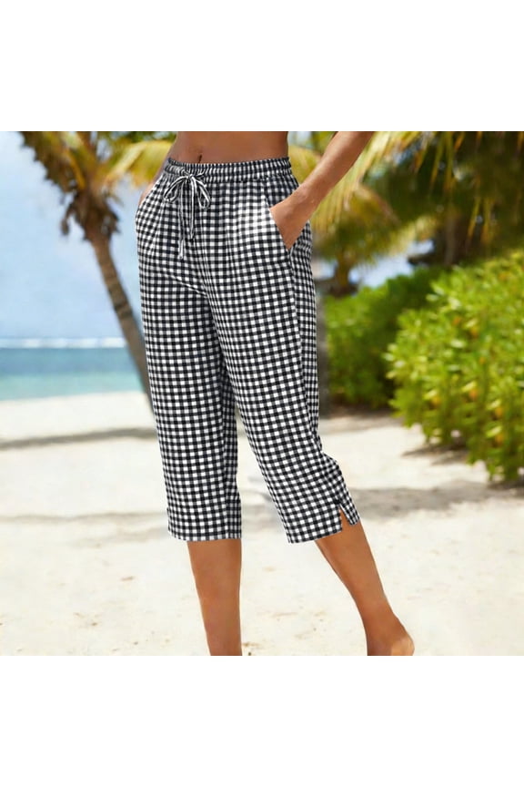 Womens Gingham Print Capri Pants Elastic Waist Drawstring Casual Capris with Side Pockets and Slit Hem