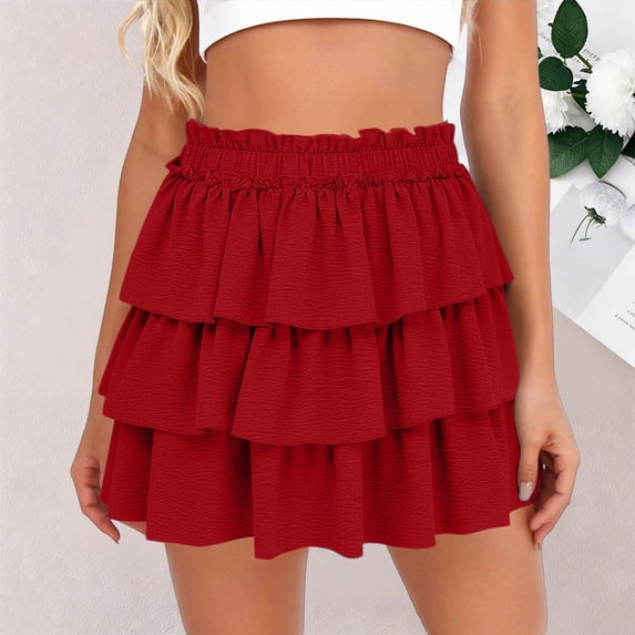 Karight Womens High Waist Tiered Ruffle Mini Skirt Boho Elastic Waist Flowy Layered Skirt