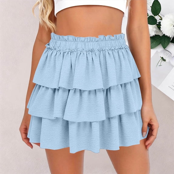 Karight Womens High Waist Tiered Ruffle Mini Skirt Boho Elastic Waist Flowy Layered Skirt