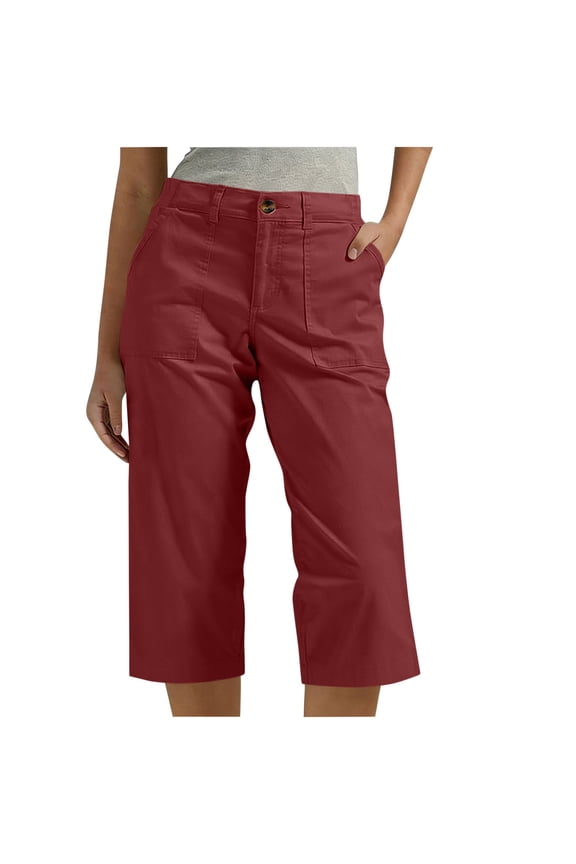 Womens High Waist Wide Leg Cropped Pants Cotton Blend Chino Capris with Patch Pockets