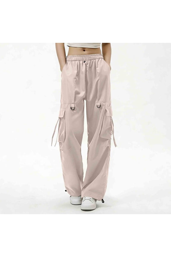 Womens High Waisted Cargo Pants Wide Leg Drawstring Casual Loose Fit Green Cargo Trousers with Pockets and Straps