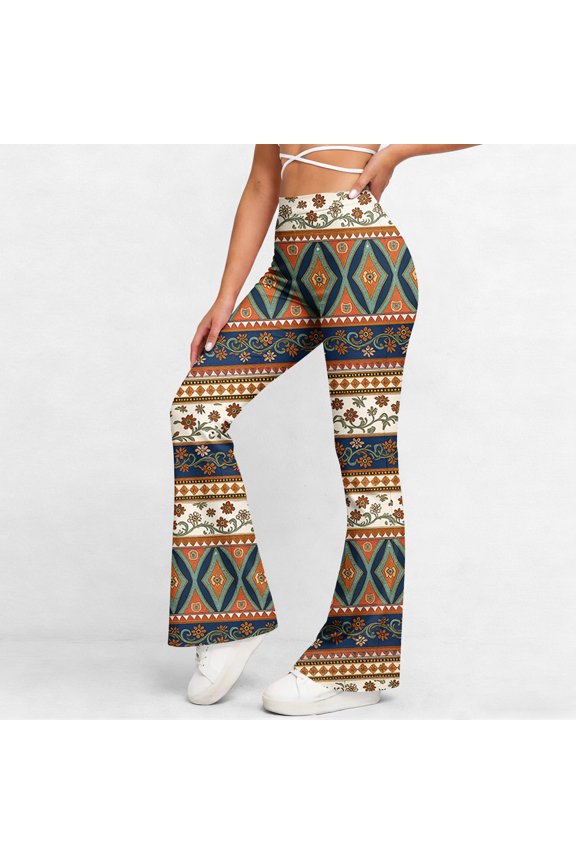 Womens High Waisted Flared Leg Boho Tribal Print Bell Bottom Pants Retro Flare Trousers