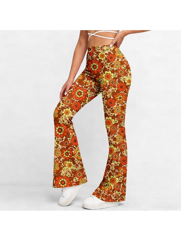 Womens High Waisted Flared Leg Boho Tribal Print Bell Bottom Pants Retro Flare Trousers