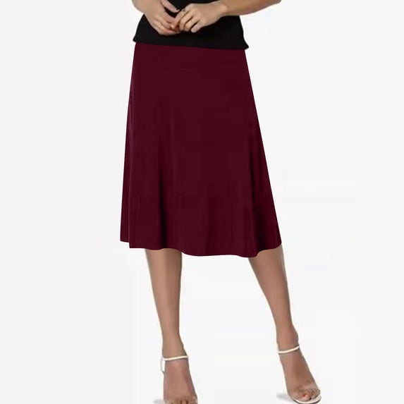 Karight Womens High Waisted Midi Skirt Flared A Line Silhouette Soft Stretchy Fabric Casual Versatile Solid Color Midi Length Skirt