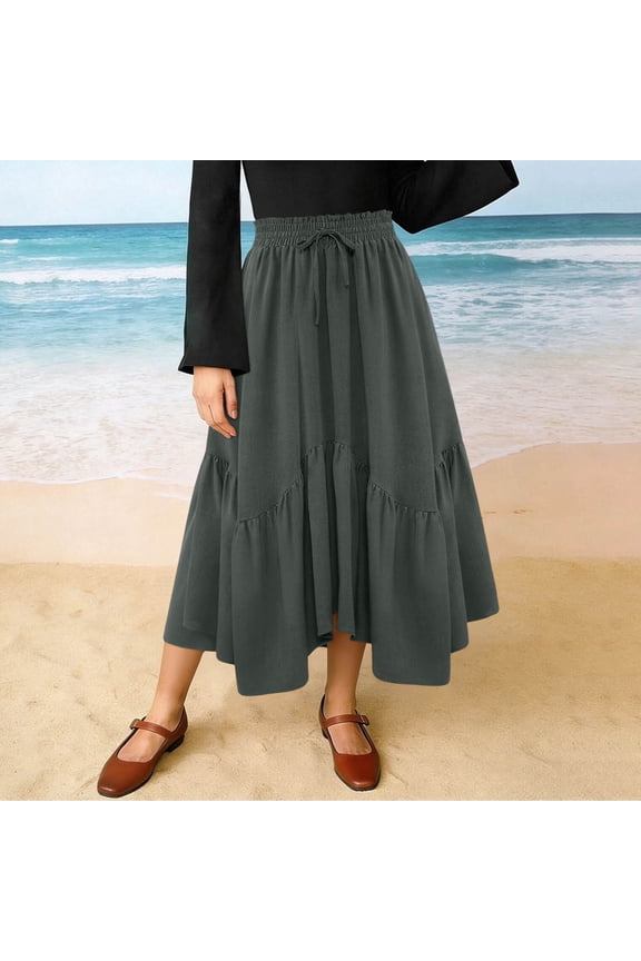 Womens High Waisted Ruffled Maxi Skirt Elastic Drawstring Waist Flowy Tiered A-Line Long Skirt