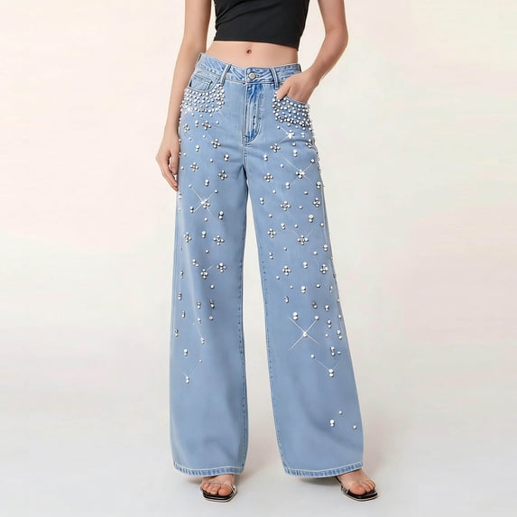 Karight Womens High Waisted Wide Leg Jeans Rhinestone Embellished Denim Pants Casual Baggy Straight Leg Jeans with Pockets