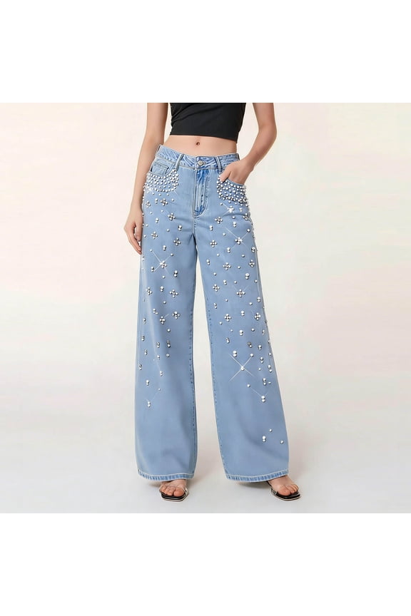 Womens High Waisted Wide Leg Jeans Rhinestone Embellished Denim Pants Casual Baggy Straight Leg Jeans with Pockets