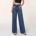 thumbnail image 1 of Karight Womens High Waisted Wide Leg Jeans Rhinestone Embellished Denim Pants Casual Baggy Straight Leg Jeans with Pockets, 1 of 8
