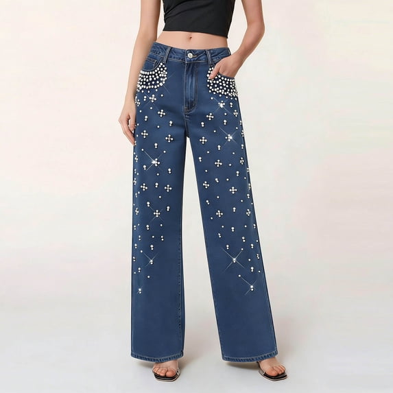 Karight Womens High Waisted Wide Leg Jeans Rhinestone Embellished Denim Pants Casual Baggy Straight Leg Jeans with Pockets