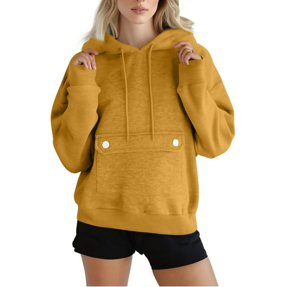 Karight Womens Hooded Sweatshirt with Flap Button Pocket Drawstring Fall Winter Warm Pullover Tops Long Sleeve Lightweight Tops