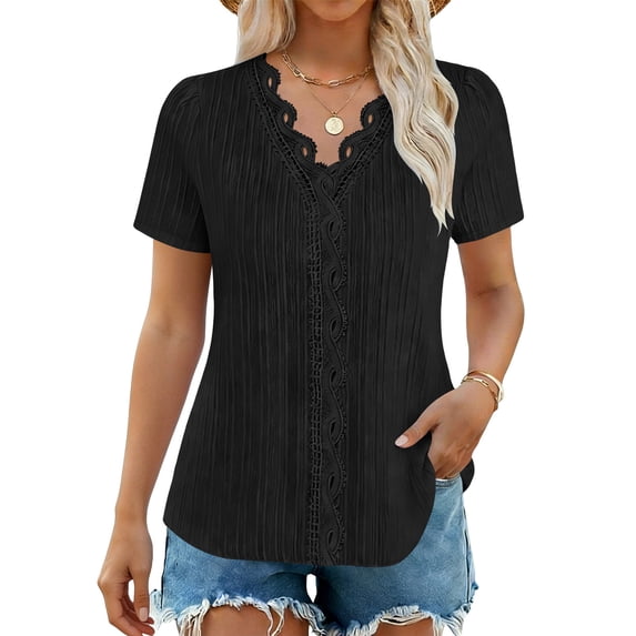 Karight Womens Lace Crochet V Neck Short Sleeve Top Casual Smocked Loose Fit Blouse Summer Tunic