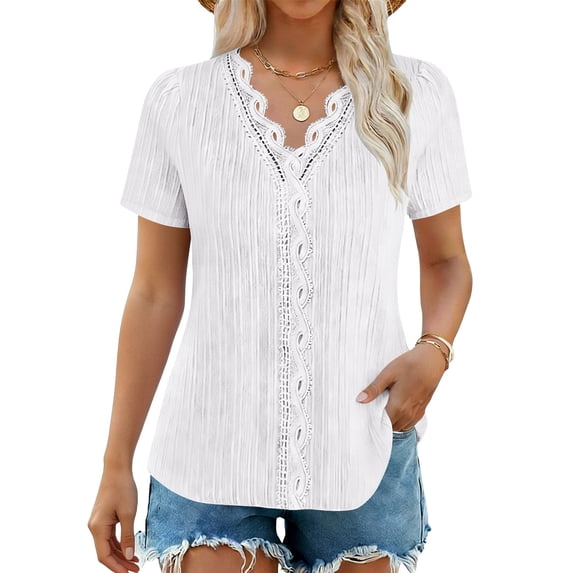 Karight Womens Lace Crochet V Neck Short Sleeve Top Casual Smocked Loose Fit Blouse Summer Tunic