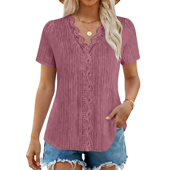 Karight Womens Lace Crochet V Neck Short Sleeve Top Casual Smocked Loose Fit Blouse Summer Tunic