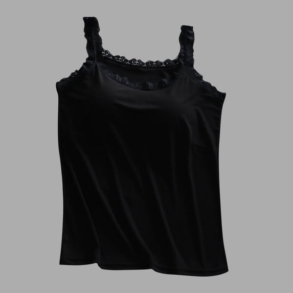 Karight Womens Lace Trim Cami Top Sleeveless Ruffled Strap Soft Lightweight Solid Black Casual Layering Tank Top