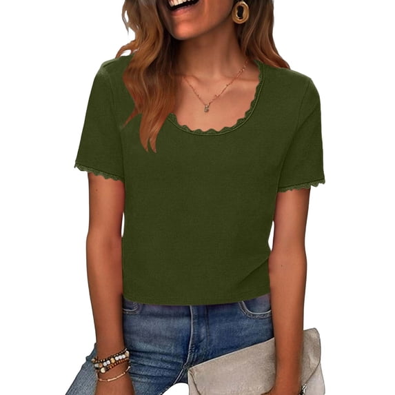 Karight Womens Lace Trim T-Shirt Short Sleeve Scalloped Neck Casual Tops Solid Color Loose Fit Summer Shirts