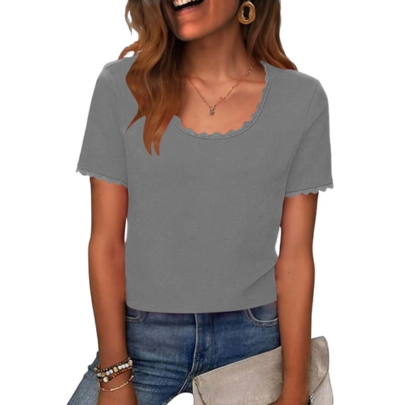 Karight Womens Lace Trim T-Shirt Short Sleeve Scalloped Neck Casual Tops Solid Color Loose Fit Summer Shirts