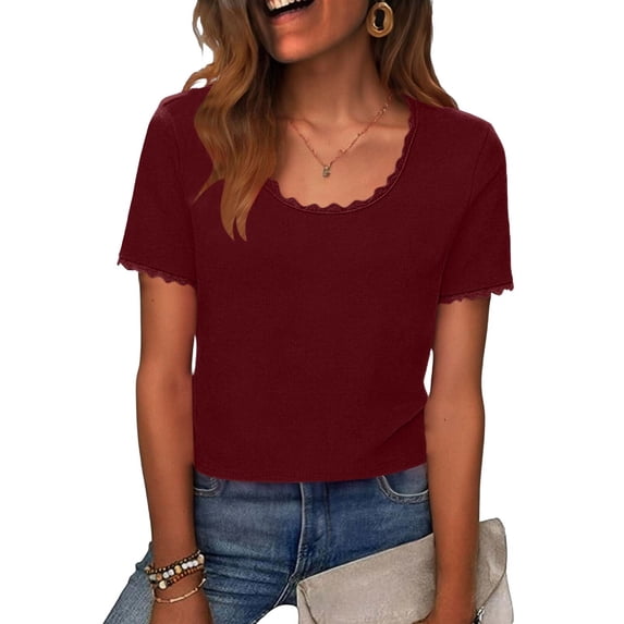 Karight Womens Lace Trim T-Shirt Short Sleeve Scalloped Neck Casual Tops Solid Color Loose Fit Summer Shirts