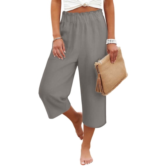 Karight Womens Linen Blend Cropped Wide Leg Pants, Elastic High Waist Casual Capris with Functional Pockets
