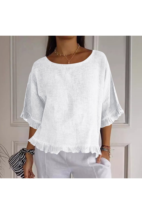 Womens Linen Blend Ruffle Hem Blouse Round Neck 3/4 Sleeve Loose Fit Casual Summer Tops Flowy Tunic Shirts