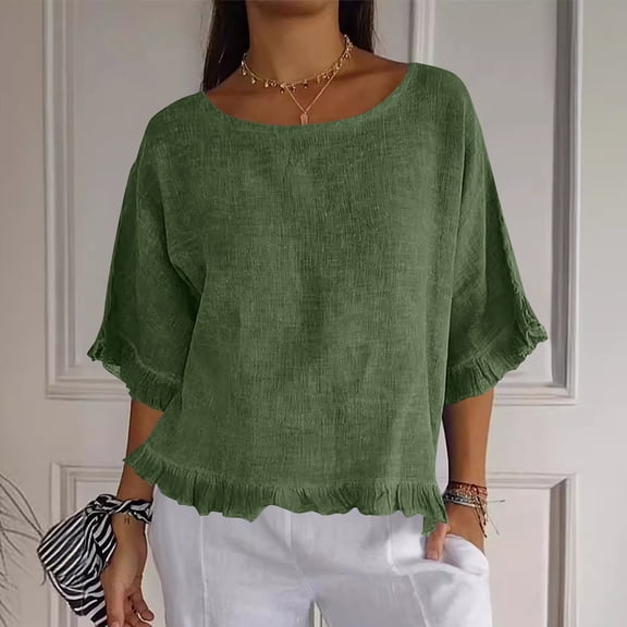 Karight Womens Linen Blend Ruffle Hem Blouse Round Neck 3/4 Sleeve Loose Fit Casual Summer Tops Flowy Tunic Shirts