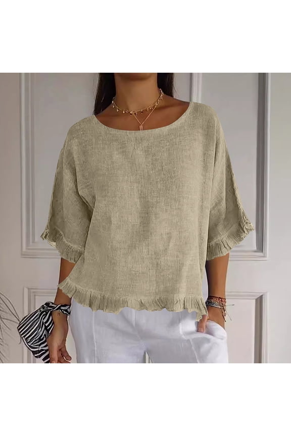 Womens Linen Blend Ruffle Hem Blouse Round Neck 3/4 Sleeve Loose Fit Casual Summer Tops Flowy Tunic Shirts