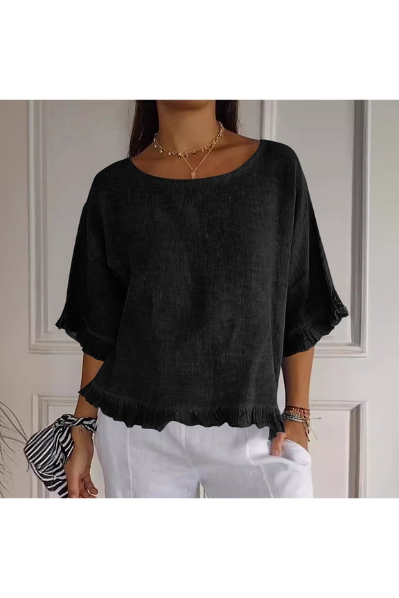 Womens Linen Blend Ruffle Hem Blouse Round Neck 3/4 Sleeve Loose Fit Casual Summer Tops Flowy Tunic Shirts