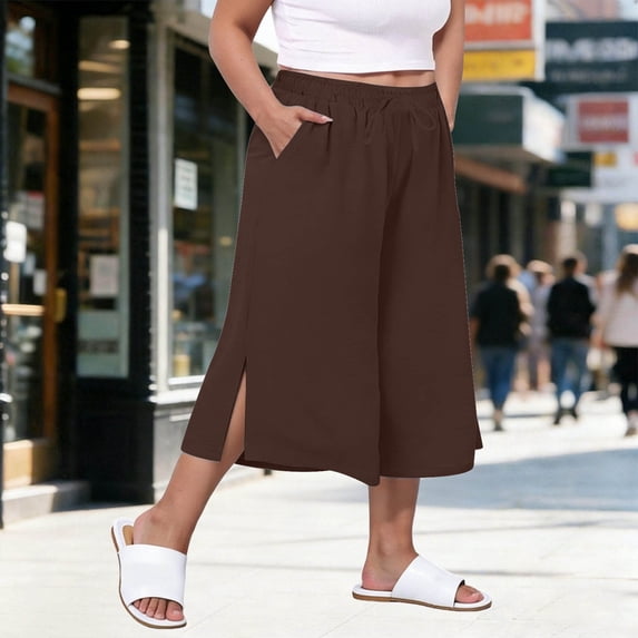 Karight Womens Linen Blend Wide Leg Cropped Pants Elastic Waist Drawstring Culottes with Side Slits and Pockets